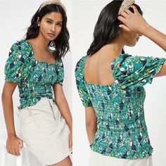 Dolan Left Coast For Anthropologie Smocked Puff-Sleeved Top Features A Whimsical Tropical Print And Playful Puffed Sleeves. Elasticized Shoulders And Cuffs. Square Neckline With Smocked Bodice. Pullover Styling. Perfect To Style With Denim, Shorts Or Skirts. This Top Will Quickly Become Your Favorite Warm Weather Staple. Condition: Brand New Without Tags. Never Worn, Perfect Condition. Size: X-Small, Small, And Medium Available Color: Green/Multi Approximate Measurements (When Laid Flat): Size X Green Fitted Top With Gathered Sleeves, Green Puff Sleeve Smocked Top, Trendy Green Smocked Top, Casual Puff Sleeve Top With Square Neck, Casual Stretch Puff Sleeve Top With Lantern Sleeves, Trendy Fitted Smocked Top With Gathered Sleeves, Casual Fitted Puff Sleeve Top With Smock Detail, Green Smocked Top With Short Sleeves, Summer Puff Sleeve Top With Smocked Cuffs