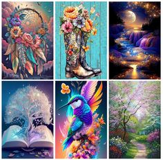 four different pictures with flowers and trees in them, one has a bird on it