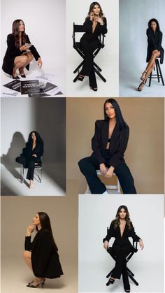 several photos of women in black outfits sitting on chairs and posing for the camera with their legs crossed