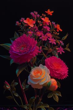 a vase filled with lots of pink and orange flowers on top of a black table