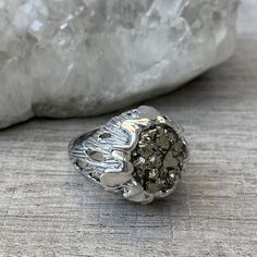 Sterling silver pyrite ring, Flower ring, raw stone ring, Druzy crystal ring, gifts for women, made in Armenia All our jewelry is made of high-quality sterling silver and is stamped with a 925 stamp 【FULL DETAILS】 ► Gemstone: natural pyrite ► RING SIZE: all size available ► RING WEIGHT: approx. 15 gr (0.033 lb0 ⦿ Attention: The color of the stones may differ due to a difference between monitors ◦* ◦* ◦* ◦* ◦* ◦* ◦* ◦* ◦* ◦* ◦* ◦* ✔️ Please, view my store policies before buying this item here. ht Spiritual Silver Crystal Ring, Silver Nugget Jewelry For Anniversary, Silver Crystal Ring For Healing, Silver Spiritual Healing Rings, Spiritual Silver Rings For Healing, Spiritual Silver Crystal Ring Gift, Unique Silver Cluster Ring For Promise, Unique Silver Cluster Promise Ring, Raw Stone Crystal Promise Ring In Sterling Silver