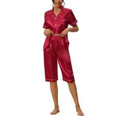 Great for loungewear, nightwear, sleepwear, home bedroom, and daily wear. This 2-piece sleepwear set, including short-sleeved tops, and capri pants uses soft breathable pure satin, giving you a great dress experience. Design: Many individual colors and lightweight fabrics, make the sleepwear comfortable, you have many choices to match it with your heart. No matter the cozy bedtime, casual home relaxation, laze afternoon, or a relaxing bath, the soft and lightweight women's nightdress can always Red Short Sleeve Sets For Pajama Party, Red Short Sleeve Pajama Party Set, Red Short Sleeve Sleepwear For Pajama Party, Red Short Sleeve Sleepwear For Sleepover, Red Short Sleeve Sleepwear For Bedtime, Red Short Sleeve Sleepwear, Pants Satin, Cute Sleepwear, Women's Loungewear