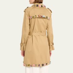 Libertine "Button Town" belted trench coat features multicolor buttons throughout the trim  Spread collar  Two-row button front  Long sleeves; belted shoulders and cuffs  Adjustable belted waist  Side slip pockets  Mid-length  Relaxed fit  Cotton Lining: Polyester Dry clean Made in USA Designer Spring Outerwear With Belted Cuffs, Wardrobe Sale, Travel Size Perfume, Evening Flats, Cocktail Jacket, Belted Trench Coat, Spring Wardrobe, Cleanser And Toner, Pump Sandals