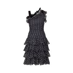 1980s or early 1990s monochrome polka dot chiffon ruffle dress.  This is a great example of playful formal wear from high-end American designer Victor Costa and has a beautiful, ruched bodice and an asymmetric neckline. One shoulder has a wide black velvet shoulder strap while the alternate shoulder is edged in ruffle trim and topped with a black velvet bow. The skirt has 4 tiered rows of ruffles that cascade into a waterfall effect and it has a slightly flared knee length skirt. The dress faste Polka Dot Party Dresses With Ruffles, Polka Dot Ruffled Evening Dress, Elegant Polka Dot Dress With Ruffles, Polka Dot Dress With Ruffle Hem For Party, Polka Dot Ruffled Dress For Evening, Polka Dot Party Dress With Ruffle Hem, Polka Dot Ruffle Dress For Evening, Victor Costa, Chiffon Ruffle Dress