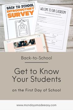 the back to school survey with text overlay that reads get to know your students on the first day of school