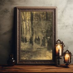 an old photograph of people walking in the woods with candles on a mantle next to them