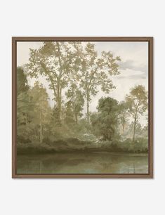 a painting with trees and water in the background