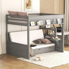 a bunk bed with drawers underneath it and a desk in the corner next to it