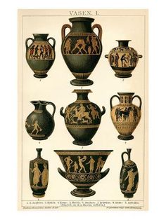 an antique illustration of vases with figures on them