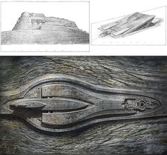 an old drawing of a boat in the water and another image of a ship on land