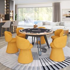 a living room filled with furniture and a dining table surrounded by yellow stools in front of a large window