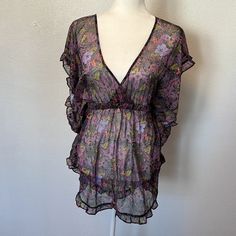 Victoria Secret Beach Cover Up Purple Pink Green Black Color New Never Worn 100% Polyester Purple Short Sleeve Beach Top, Lavender V-neck Top For Vacation, Purple V-neck Beach Top, Lavender Beach Tops For Spring, Lavender Floral Print Top For Vacation, Floral Print Lavender Top For Vacation, Lavender Tops For Beach In Spring, Lavender Spring Beach Top, Victoria's Secret Floral Print Summer Tops