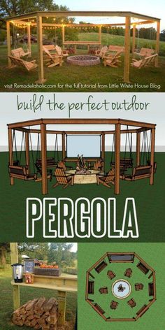 the pergola is made from wood and has several different types of furniture