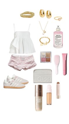 the contents of a woman's white outfit including shoes, bracelets and other items