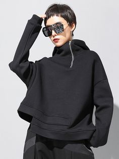 Black Funnel Neck Sweatshirt For Winter, Black Zipper Closure Sweatshirt For Fall, Black Zipper Sweatshirt For Fall, Casual Winter Sweatshirt With Asymmetrical Zip, Black Funnel Neck Sweatshirt For Fall, Trendy Black Half-zip Top, Black Funnel Neck Top For Streetwear, Edgy Hooded Fall Sweatshirt, Winter Funnel Neck Top With Zipper Closure