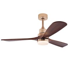 a ceiling fan with a light on the top and a wooden blade in front of it