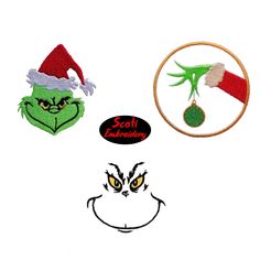 the grin face has been embroidered onto three different patches, each with an elf's hat