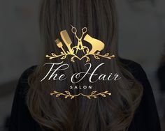 the hair salon logo with scissors and combs on it's back, in front of a woman's face