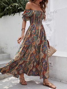 Free Returns ✓ Free Shipping✓. SHEIN VCAY Ladies' Off-Shoulder Beach Women Outfits Floral Print Maxi Dress- Women Long Dresses at SHEIN. Gown Pattern, Shirred Dress, Mode Boho, Floral Print Maxi Dress, Ruffle Hem Dress, Flounce Sleeve, Style Boho, Hem Dress, Printed Maxi Dress