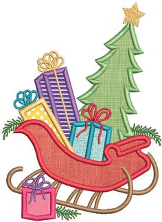 Christmas Tree Sleigh Applique Christmas Applique Designs, Applique Pillows, Christmas Applique, Machine Embroidery Applique, Machine Applique, Santa Sleigh, Christmas Quilts, Applique Patterns, Christmas Embroidery