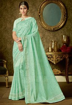 Online Shopping Sarees, Tissue Saree, Traditional Saree, Neck Deep, Embroidered Organza, Green Saree, Blue Saree, Organza Fabric