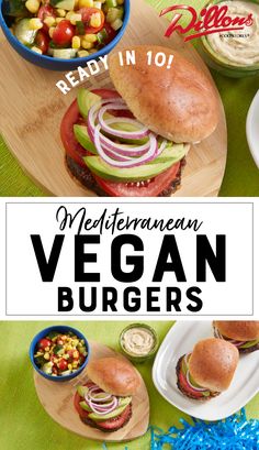 an image of vegetarian vegan burgers on a cutting board with vegetables and dip