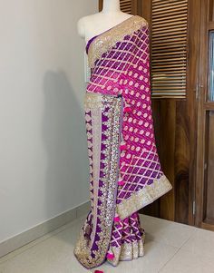 Pre-draped Banarasi Silk Saree With Cutdana For Reception, Purple Pre-draped Saree With Cutdana For Traditional Ceremonies, Festival Banarasi Silk Pre-draped Saree With Dori Work, Embroidered Fabric With Gota Work In Traditional Drape, Festive Banarasi Silk Pre-draped Saree With Dori Work, Kundan Gota Work Traditional Drape Wear, Banarasi Silk Choli With Gota Work For Reception, Reception Choli With Gota Work In Banarasi Silk, Reception Banarasi Silk Choli With Gota Work