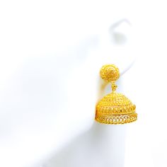 Crafted from 22k gold and weighing 25.4 grams, these Jhumki earrings feature an extravagant floral marquise design. The yellow gold finish enhances their elegance, with each earring hanging at a length of 1.5 inches and secured by a screw back post. These earrings are a perfect choice for those who desire luxurious and ornate accessories that make a bold statement at any celebratory event or gathering. Product Details Gold Purity(karat): 22k Gold Weight(grams): 25.4 Item Finish: Yellow Gold Earr Bollywood Style 22k Yellow Gold Bridal Earrings, Gold Jhumkas With Intricate Design For Reception, Intricate Design Jhumkas For Reception, Gold Bridal Earrings With Intricate Design For Reception, Gold Chandelier Earrings With Intricate Design For Reception, Gold Drop Earrings For Reception, Elegant 22k Yellow Gold Jhumkas, Yellow Gold Chandbali Jhumkas For Wedding, Gold Plated Earrings For Reception