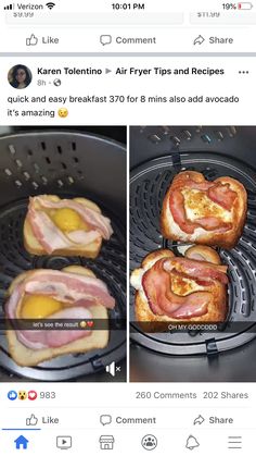 two photos of bacon and eggs on top of toasted buns in an air fryer