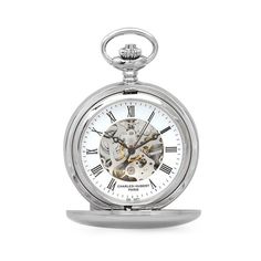 This polished silver Charles Hubert pocket watch has a skeleton dial style that allows you to see the intricate mechanical workings inside. The dial has a white chapter ring, with black hands and Roman numerals, and is covered with a scratch-resistant crystal lens. The 1 7/8 " diameter watch fits easily in a pocket, and has a matching 12" chain to attach to a belt loop or vest button! Add free custom engraving to the front and back covers for a truly one-of-a-kind gift!PRODUCT INFORMATION* Polis Stainless Steel Pocket Watch With Skeleton Dial For Gift, Silver Pocket Watch Metal Dial Gift, Silver Pocket Watch With Metal Dial As Gift, Silver Pocket Watch With Metal Dial For Gift, Timeless White Gold Watch With Skeleton Dial, White Skeleton Dial Watch Accessories As Gift, Classic Silver Watches With Skeleton Dial, Formal Engraved Stainless Steel Pocket Watch, Elegant Stainless Steel Pocket Watch With Metal Dial