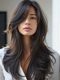 Long Brunette Hair With Layers Side Part, Long Layer Side Part, Side Part And Curtain Bangs, Haircut For Long Hair Side Part, Long Layers Side Part Straight, Women’s Long Layered Haircuts, Long Thick Layered Hair With Bangs, Long Hair Cuts Side Part Layers, Side Bangs With Long Hair Straight