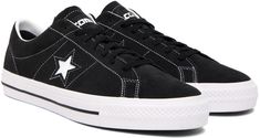 Low-top paneled suede sneakers in black. Logo cutout at sides. · Lace-up closure · Padded collar · Treaded rubber sole · Contrast stitching in white Supplier color: Black/Black/White Converse Black, One Star, Suede Sneakers, Black Logo, Chuck Taylor All Star, Contrast Stitch, Luxury Streetwear, Chuck Taylors, Converse Sneaker