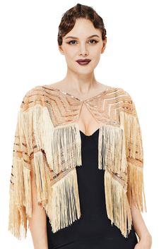 PRICES MAY VARY. Material: high quality polyester with sequins and long fringes. Size: One Size fits most. Feature: Bright color, sparkling sequin embellishments, double-layer fringes, clasp closure. Design: With the similar tones of cloth with sequins and irregular tassels, the Roaring 20s appears on this shawl. Perfect match for a cocktail dress or a party costume. Occasion: Stylish outfit for daily wear, also can be wore as a vintage 1920s flapper outfit for a special event such as Gatsby the 1920s Costume Women, Great Gatsby Party Outfit Women, Gatsby Party Outfit Women, Roaring 20s Party Outfit, Flapper Outfit, Fur Trimmed Cape, Draped Coat, The Roaring 20s, Cape For Women