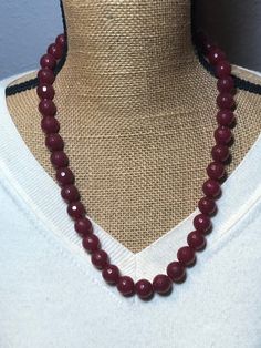 Large Faceted Round 745.00 Carats of Montana Corundum Red Ruby Gemstone Neckl   FREE SHIPPING IN THE USA, $11 Every Where Else.   This necklace can be made with Silver Spacer Balls and Silver Clasp if Buyer Prefers, no additional Charge. Formal Red Faceted Necklace, Elegant Red Faceted Necklace, Formal Red Faceted Jewelry, Red Faceted Jewelry For Formal Occasions, Classic Red Faceted Necklaces, Classic Red Faceted Jewelry, Faceted Ruby Round Bead Necklaces, Elegant Red Crystal Necklaces With Natural Stones, Red Crystal Necklace With Natural Stones