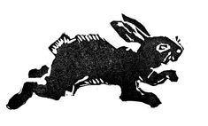 a black and white drawing of a rabbit running with its head turned to the side