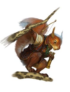 a squirrel with a bow and arrow in his hand is holding a stick while standing on one leg