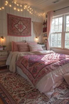 a bedroom decorated in pink and white with string lights hanging from the ceiling above the bed