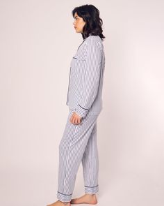 These elegant pajamas were made with a traditional French ticking design. This classic pattern is here to stay, with no frills just clean, crisp lines. The quintessential, timeless pajama silhouette that always feels fresh: supple elastic waist, single piping detail at collar, breast pocket, and pajama pant cuff and practical pockets. As effortless and comfortable as luxury sleepwear gets. Now available in Plus sizes. For thousands of years, Pima cotton has been considered royalty in the realm o Classic Sets With Relaxed Fit And Long Sleeve, Classic Relaxed Fit Long Sleeve Sets, Classic Cotton Sets With Relaxed Fit, Classic Long Sleeve Sleep Sets, Classic Cotton Sleepwear For Pajama Party, Classic Fitted Sleepwear For Loungewear, Classic Relaxed Fit Loungewear Sets, Classic Relaxed Fit Sets For Home, Classic Relaxed Fit Home Sets