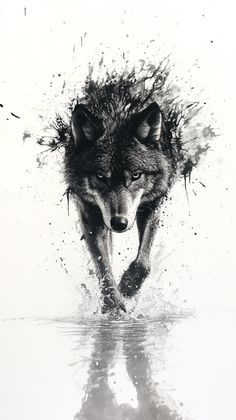 a black and white photo of a wolf running through water with splashes on it's face