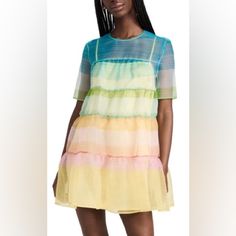 Brand New With Tags, Comes With Yellow Slip Dress Underneath, Hyacinth Style Tulle Mini Babydoll Dress Blue Mini Dress, China Fashion, Rainbow Stripes, Dress Fabric, Round Neckline, New Dress, Casual Dresses, New Arrivals, Colorful Dresses