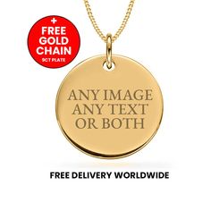 Pendant is hand made in Birminghams' prestigious Jewellery Quarter. Personalised 9ct Gold Disc Pendant. The perfect gift for anyone or yourself on any occasion! Fully engravable on both sides with text, images or both.  Plated in house by us, we provide a very thick plating to ensure durability and quality. Perfect also for remembrance photos, dates and sentimental images and text. DIMENSIONS: 19mm Width/19mm Height/1mm thick (Approx the size of a US Dime) 9ct Thick Gold Plated Construction for Classic Round Charm Necklaces For Gifts, Yellow Gold Jewelry For Anniversary Gift, Classic Hallmarked Charm Necklaces For Anniversary, Classic Gold Necklaces With Hallmarks, Classic Gold Necklace With Hallmarks, Yellow Gold Jewelry Gift, Gold Round Pendant Charm Necklace For Anniversary, Gold Charm Necklace For Anniversary With Round Pendant, Hallmarked Round Jewelry For Personalized Gift