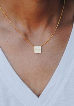 Our simple cushion Baha'i necklace features the Ringstone symbol and Greatest Name in Arabic for an elegant 2-in-1 pendant attached to a simple and sturdy cable chain necklace. Square pendant measures approximately 12mm. Available in solid sterling silver or 18 karat gold vermeil. Two lengths available with an additional 2 inch extension for an adjustable fit. Choose short for 15-16-17 inches or long for 18-19-20 inches. Sterling Silver Jewelry With Adjustable Square Pendant, Sterling Silver Jewelry With Square Pendant And Adjustable Chain, Sterling Silver Square Pendant With Adjustable Chain, Minimalist Jewelry With Square Pendant And Adjustable Chain, Gold Plated Charm Necklace With Square Pendant, Tarnish Resistant Square Pendant Jewelry For Everyday, Tarnish Resistant Square Pendant Jewelry Gift, Minimalist Tarnish-resistant Square Pendant Jewelry, Minimalist Tarnish-resistant Square Pendant