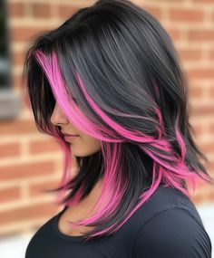 Dark Hair With Pink Streak, Pink Hair Black Highlights, Peak A Boo Pink Hair Color, Peek A Boo Pink Highlights, Pink Highlights Bangs, Dark Hair Pink Highlights, Blonde Pink And Black Hair, Black And Hot Pink Hair, Black Hair With Pink Underneath