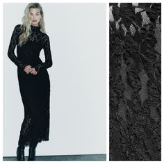 Nwot. Zara Black Lace High Collar Midi Dress With Long Sleeves. Tonal Interior Lining. Back Hidden In-Seam Zip Closure. Size Xs. Ref. 8342/239. Pit To Pit 14" Flat, Shoulders 13", Sleeves 25", Waist 11,5", Length 58". 1013. Zara Lace Dress, Chic Fall Maxi Dress With Lace Trim, Chic Lace Stretch Midi Dress, Chic Black Maxi Dress With Lace Trim, Black Lace Trim Winter Dress, Formal Fall Lace Maxi Dress, Black Lace Trim Dress For Winter, Formal Lace Maxi Dress For Fall, Elegant Fall Maxi Dress With Lace Trim