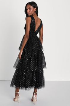 If you're dressing to impress at your next event, let the Lulus Decadent Impression Black Tulle Tiered Shiny Dot Midi Dress be your solution! Airy tulle features shiny reflective accents in rose gold and silver as it shapes a sleeveless bodice with a plunging V-neckline, matching V-back, and banded waist. Voluminous skirt has an A-line silhouette and falls in floaty tiers (with extra tulle for volume) to a long midi hem. Hidden zipper/clasp at back. Fit: This garment fits true to size. Length: M Tiered Sequin Evening Dress, Tiered Sequin Dress For Evening, Polka Dot Sleeveless Evening Dress, Polka Dot Midi Length Evening Dress, Polka Dot Midi-length Evening Dress, Polka Dot Midi Evening Dress, Sleeveless Polka Dot Midi Dress For Evening, Tiered Tulle Dress, Black Printed Dress