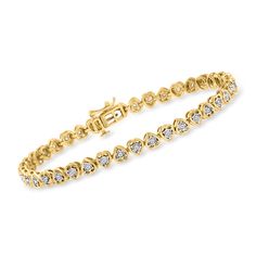 Ross-Simons - .55ct t. w. Diamond Heart Tennis Bracelet Over Sterling. 8". Fall in love with our charming tennis bracelet. Glowing 18kt yellow gold over sterling silver heart-shaped bezel settings hold .55 ct. t. w. round brilliant-cut diamonds in white rhodium, creating the sweetest style! Figure 8 safety. Push-button clasp, diamond heart tennis bracelet. Diamond birthstones are the perfect gift for April birthdays. Heart Tennis Bracelet, Diamond Birthstone, Figure 8, Fine Jewelry Bracelets, Diamond Bracelets, Sterling Silver Heart, Gemstone Bracelets, Tennis Bracelet, Diamond Heart