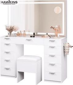 an image of a white vanity with mirror and stool