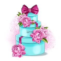 a three tiered cake with pink flowers on top and a bow at the top