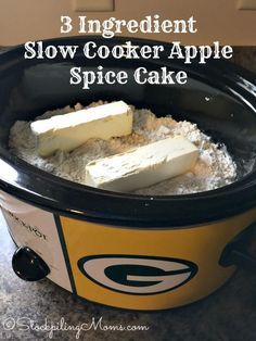 an image of slow cooker apple spice cake in the crock pot with text overlay