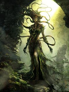 a woman standing in the middle of a forest with giant tentacles on her head and arms